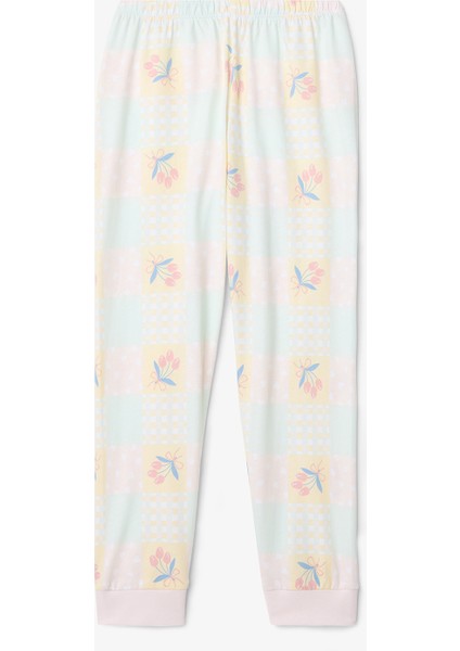 Optik Beyaz Kız Çocuk Çıtır Çiçek Desenli Uzun Kol 2'li Pijama Takımı