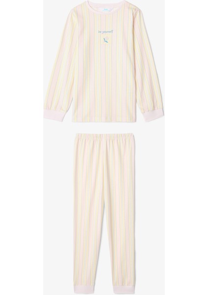 Optik Beyaz Kız Çocuk Çıtır Çiçek Desenli Uzun Kol 2'li Pijama Takımı