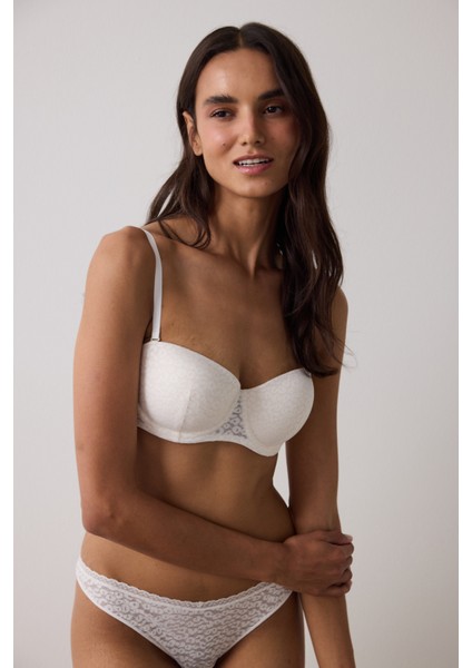Ekru Bloom Çiçekli Dantelli Balenli Straplez Sütyen