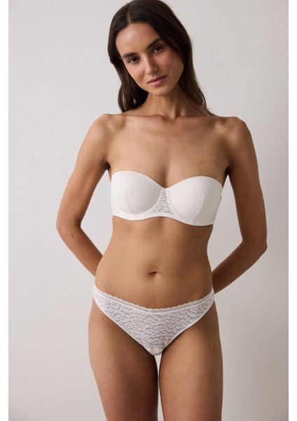 Ekru Bloom Çiçekli Dantelli Balenli Straplez Sütyen