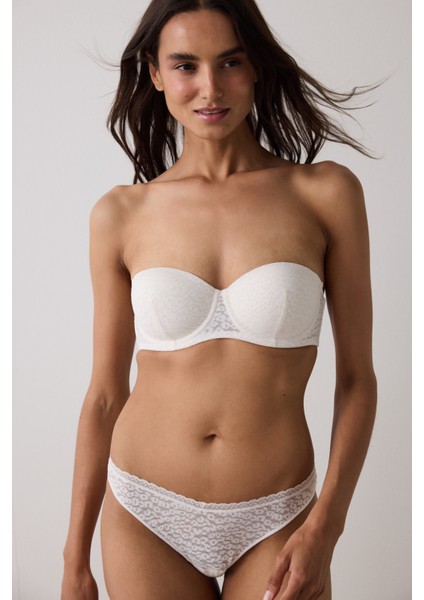 Ekru Bloom Çiçekli Dantelli Balenli Straplez Sütyen