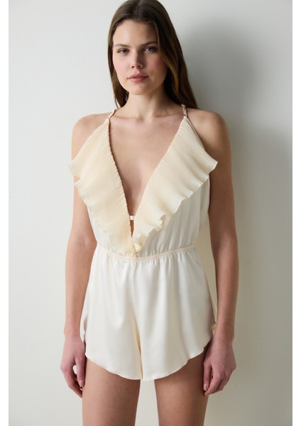 Saten Volan Rose Teddy Krem Bodysuit