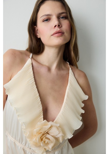 Saten Volan Rose Teddy Krem Bodysuit