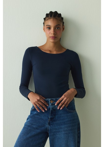 CUPsecret Kendinden Pedli Lacivert Bisiklet Yaka Uzun Kollu Slim Fit Üst