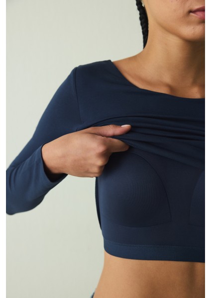 CUPsecret Kendinden Pedli Lacivert Bisiklet Yaka Uzun Kollu Slim Fit Üst