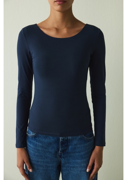 CUPsecret Kendinden Pedli Lacivert Bisiklet Yaka Uzun Kollu Slim Fit Üst