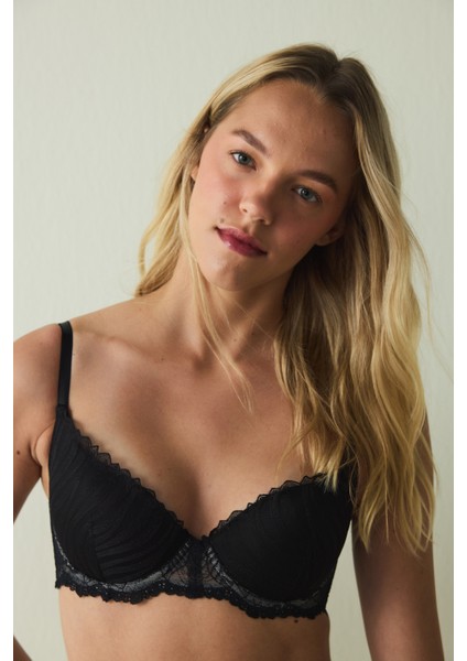 Siyah Fervour Broderie Zebra Desenli Dantelli Balenli Push Up Sütyen