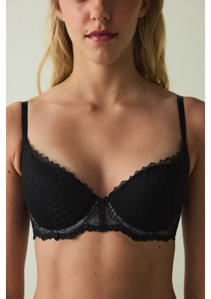 Siyah Fervour Broderie Zebra Desenli Dantelli Balenli Push Up Sütyen