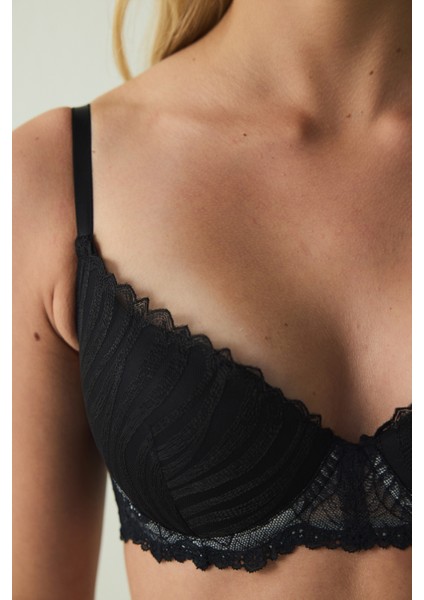 Siyah Fervour Broderie Zebra Desenli Dantelli Balenli Push Up Sütyen