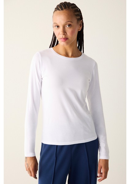 Pamuklu Beyaz Basic Uzun Kol Üst