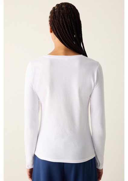 Pamuklu Beyaz Basic Uzun Kol Üst
