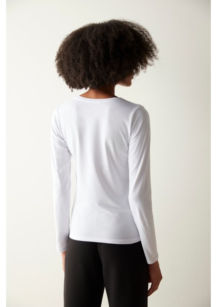 Pamuklu Beyaz Basic Uzun Kol Üst