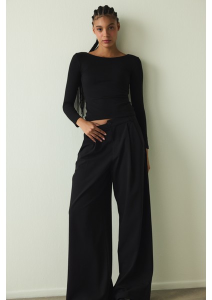 CUPsecret Kendinden Pedli Siyah Bisiklet Yaka Uzun Kollu Slim Fit Üst