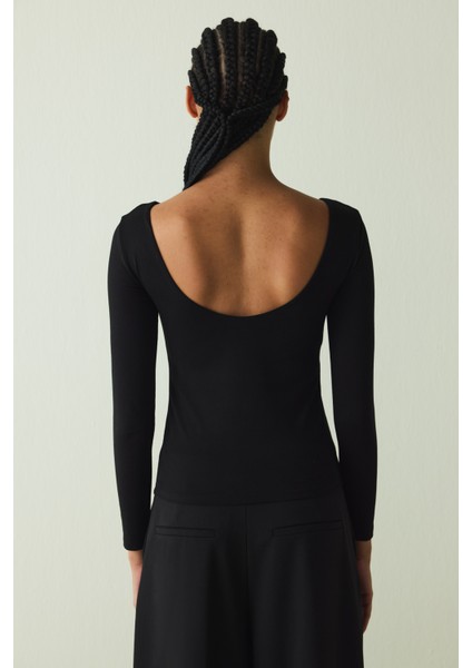 CUPsecret Kendinden Pedli Siyah Bisiklet Yaka Uzun Kollu Slim Fit Üst