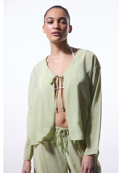 Açık Yeşil Mindy Bağlama Detaylı V Yaka Oversize Kimono