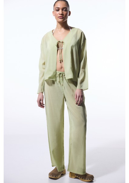 Açık Yeşil Mindy Bağlama Detaylı V Yaka Oversize Kimono