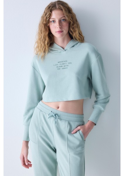 Açık Yeşil Kapüşonlu Ribana Detaylı Sweatshirt