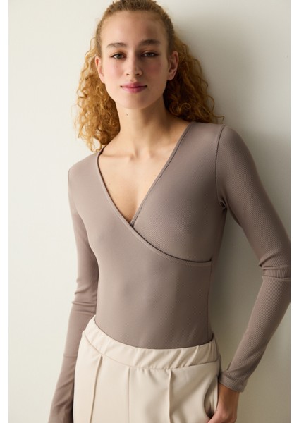 Antrasit Yaka Detay Uzun Kollu Bodysuit