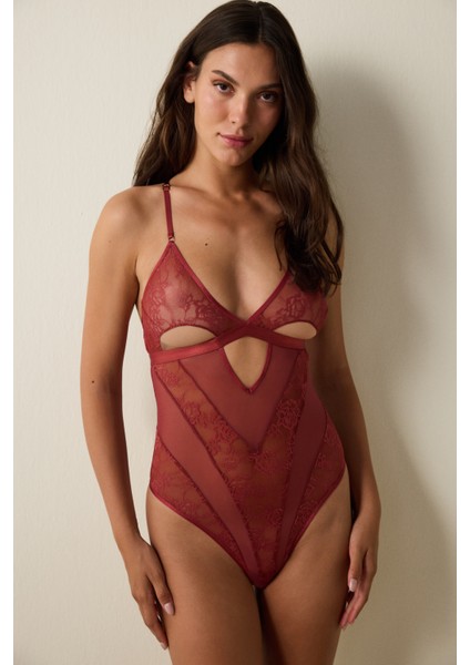 Bordo Çapraz Yaka Ayarlanabilir Askılı Balensiz Body