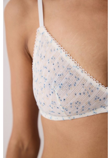 Ekru Çiçek Desenli Balensiz Dolgusuz Üçgen Sütyen