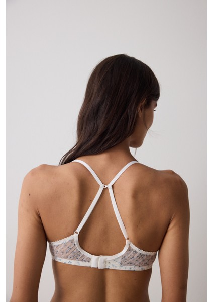 Ekru Çiçek Desenli Balensiz Dolgusuz Üçgen Sütyen