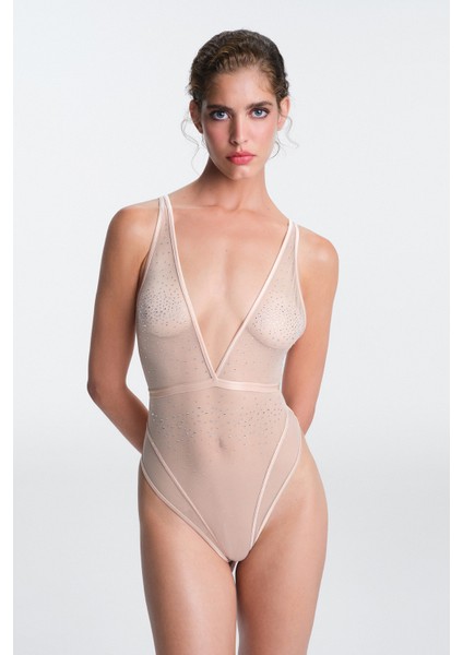 Bej Sandy Taşlı Ayarlanabilir Askılı Balensiz Body