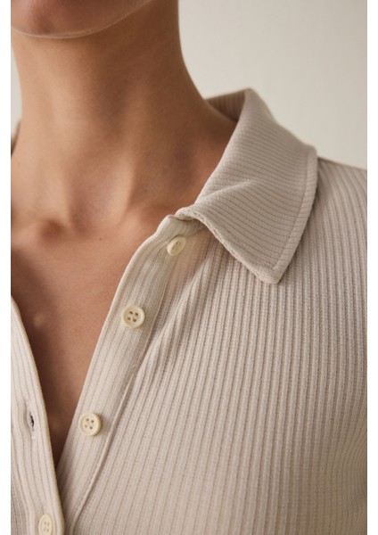 Bej Polo Yaka Düğmeli Uzun Kollu Slim Fit Üst