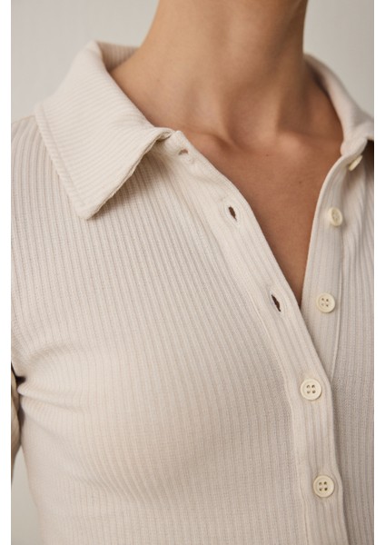 Bej Polo Yaka Düğmeli Uzun Kollu Slim Fit Üst