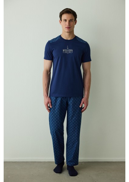Indigo Erkek Western Sloganlı Kısa Kollu Pamuklu Pijama Takımı