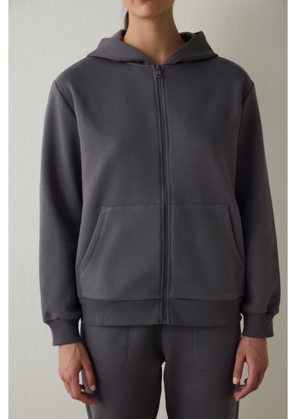 Gri Fermuarlı Kapüşonlu Spor Sweatshirt