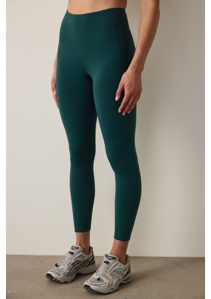 Koyu Yeşil Merrow Dikişli Yüksek Bel Slim Fit Tayt
