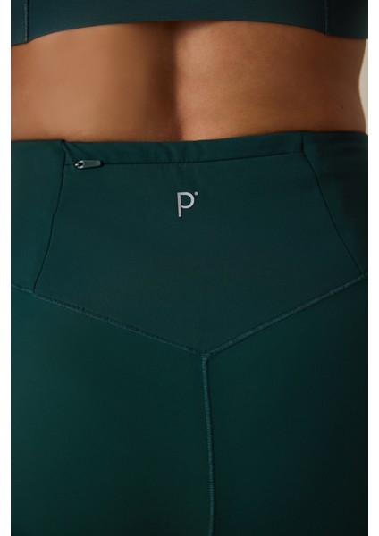 Koyu Yeşil Merrow Dikişli Yüksek Bel Slim Fit Tayt