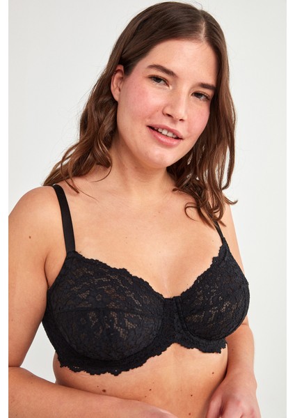 Siyah Büyük Beden Dantelli Jasmine Toparlayıcı Balenli Sütyen