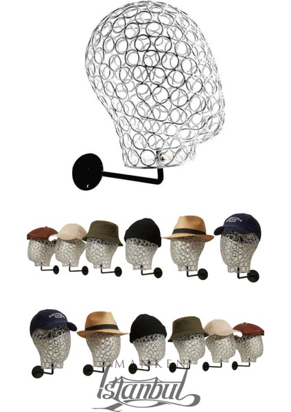 Duvara Monte Erkek Siver Renk Tel Kafa Mankeni Şapka Mankeni Aksesuar Mankeni