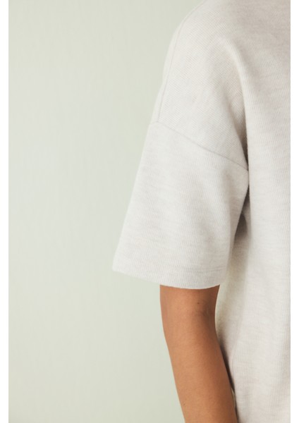 Bej Melanj Warm Touch Bisiklet Yaka Oversize Tişört