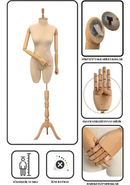 Çengel Aparatlı 42 Beden Pinokyo Kollu Pantolon Giyebilen Terzi Mankeni