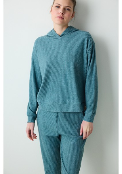 Petrol Yeşili Kapüşonlu Fitilli Yumuşak Sweatshirt