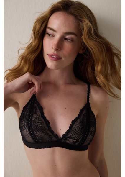Siyah Çiçek Desenli Dantelli Balensiz Kapsız Üçgen Sütyen