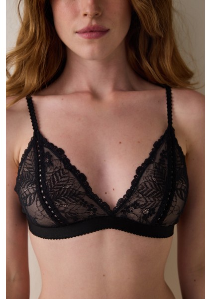 Siyah Çiçek Desenli Dantelli Balensiz Kapsız Üçgen Sütyen
