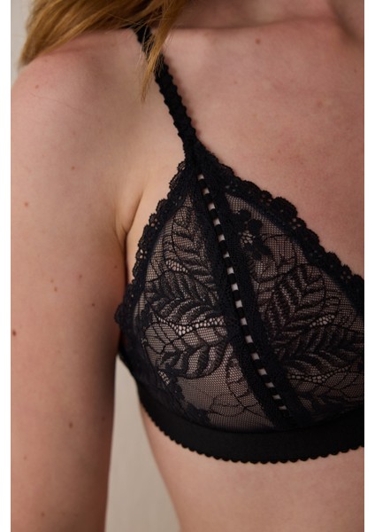 Siyah Çiçek Desenli Dantelli Balensiz Kapsız Üçgen Sütyen