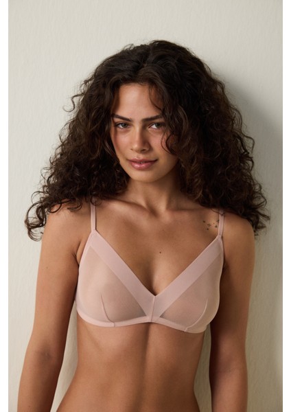 Açık Gül Kurusu File Üçgen Balensiz Dolgusuz Sütyen