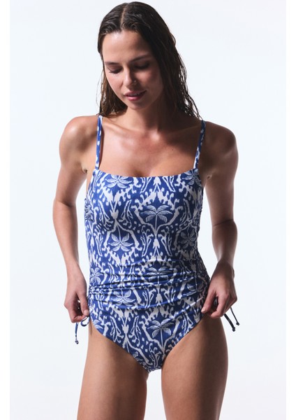 Renkli Yaprak Desenli Straplez Balenli Mayo