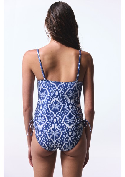 Renkli Yaprak Desenli Straplez Balenli Mayo