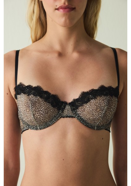Bej Brode Detaylı Leopar Desenli Balenli Balconette Sütyen