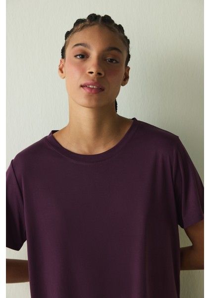 Mor Bisiklet Yaka Kısa Kollu Modal Tişört