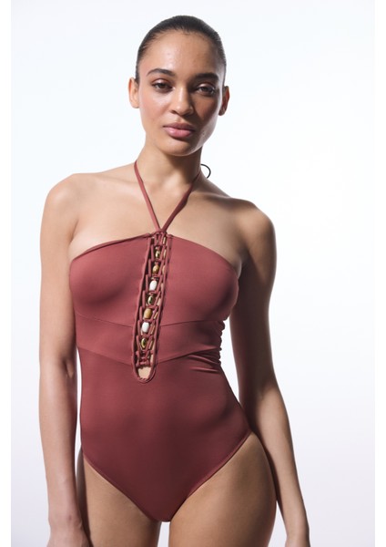 Açık Kahverengi Astrid Macrame Boncuklu Mayo