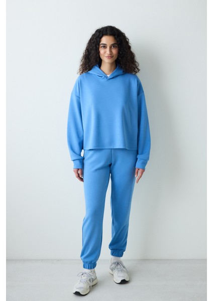 Mavi Kapüşonlu Silky Touch Sweatshirt