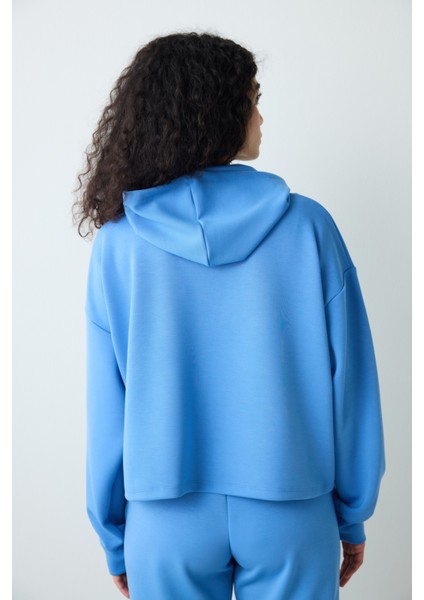 Mavi Kapüşonlu Silky Touch Sweatshirt
