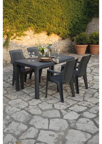 Efes 4 Kişilik Rattan Masa Sandalye Takımı Siyah