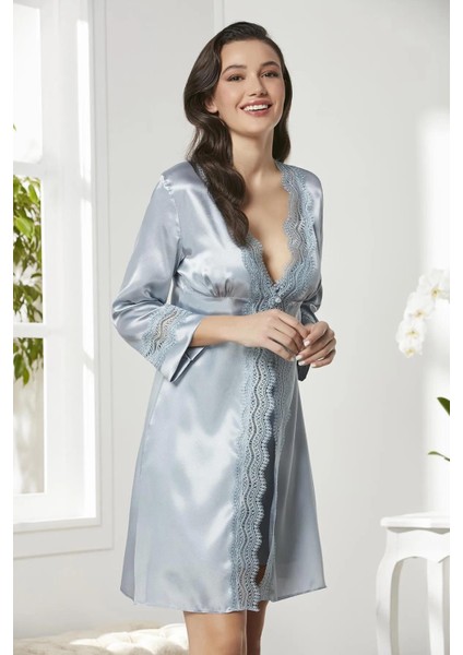 Saten Gecelik Sabahlık Pijama Takım Şort Takım 6'lı Gelin Çeyiz Seti - 6010 Mist